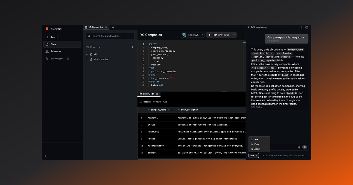 AI-assisted SQL and Agent in CreamSQL